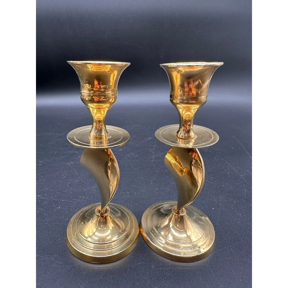 Vintage Brass Ribbon Candlestick Holders Pair Gold Taper Mid Century